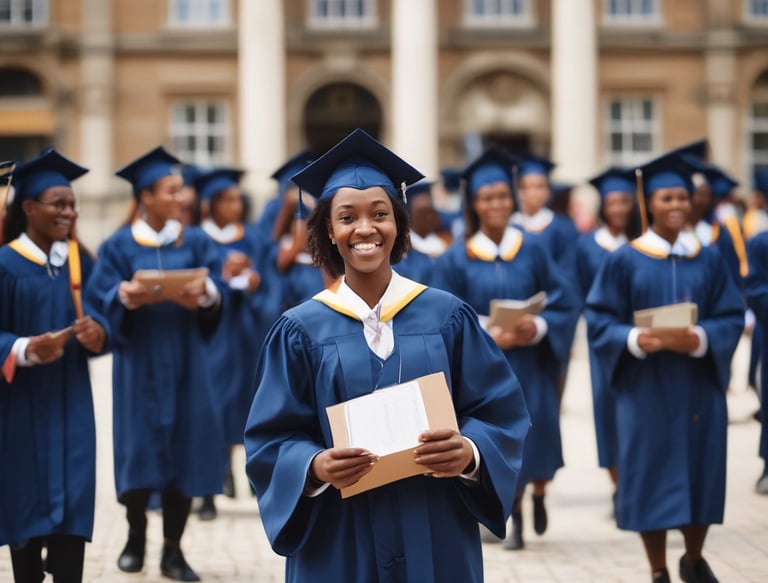 A group of diverse students celebrating their scholarship awards together outdoors.