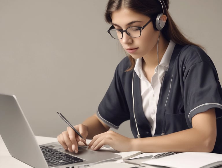 A diverse group of students studying together online with laptops and notebooks.