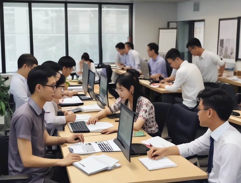 Diverse team of professionals working at desks in a bright, modern open-plan office space.