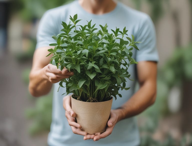 Happy customer holding a thriving houseplant with a Plantometer sensor visible in the pot.