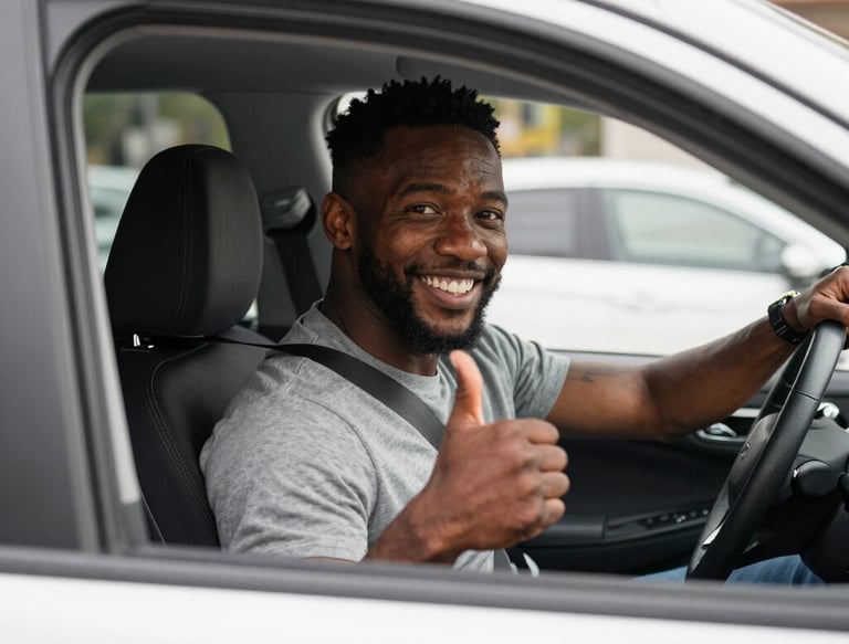 An Uber driver smiling inside a clean, spacious rental car parked beside a busy city street.