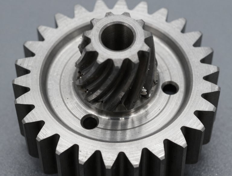 Close-up of a finely machined spur gear reflecting light in a clean workshop.