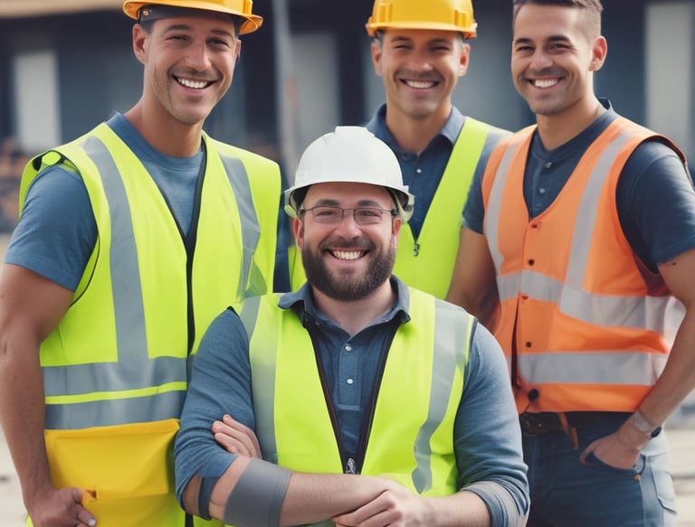 Construction workers applying waterproofing membrane on a rooftop under clear blue sky.