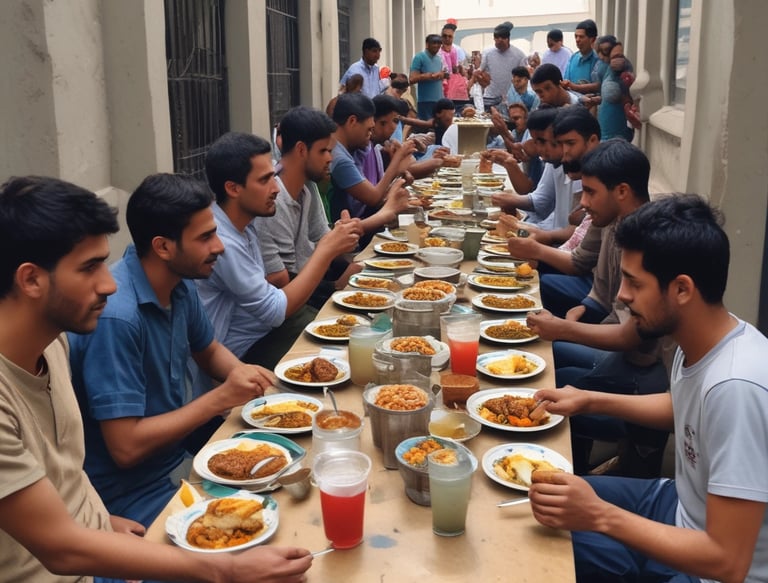 Children from diverse backgrounds smiling and enjoying a communal feast outdoors.