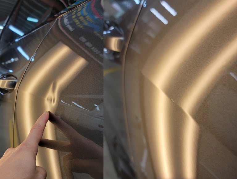 Before and after comparison of paintless dent repair on a grey car door panel.