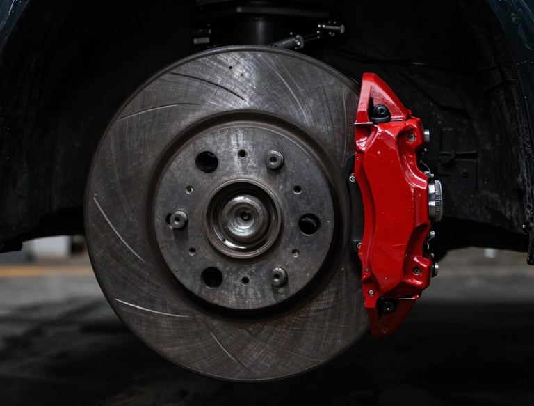 Macro shot of a clean, heavy-duty brake disc and caliper, dark metallic background, dramatic low-key lighting, industrial automotive photography.