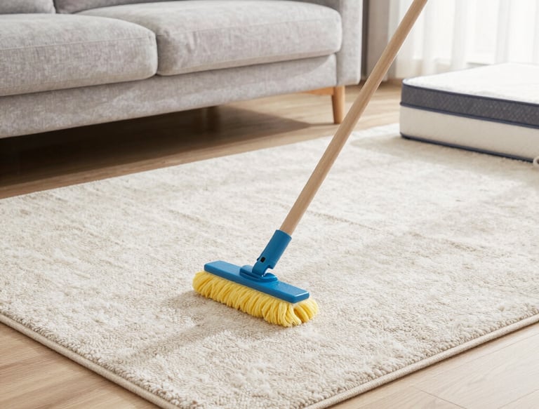 A professional cleaner gently steam-cleaning a plush sofa in a bright living room.