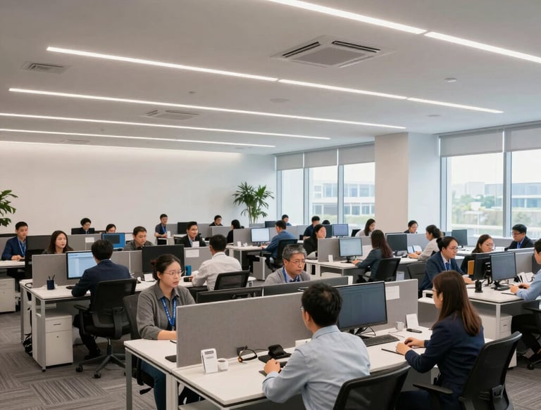 Confident HR professional discussing recruitment strategies in modern office.