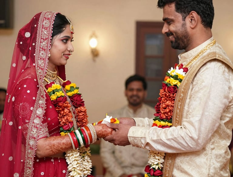 A joyful couple sharing a dance surrounded by guests in a luxurious, vibrant event space.