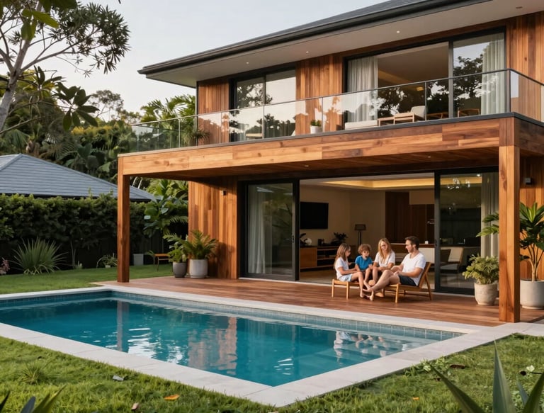 A cozy, sunlit living room showcasing a stylishly staged established home on Brisbane's outskirts.