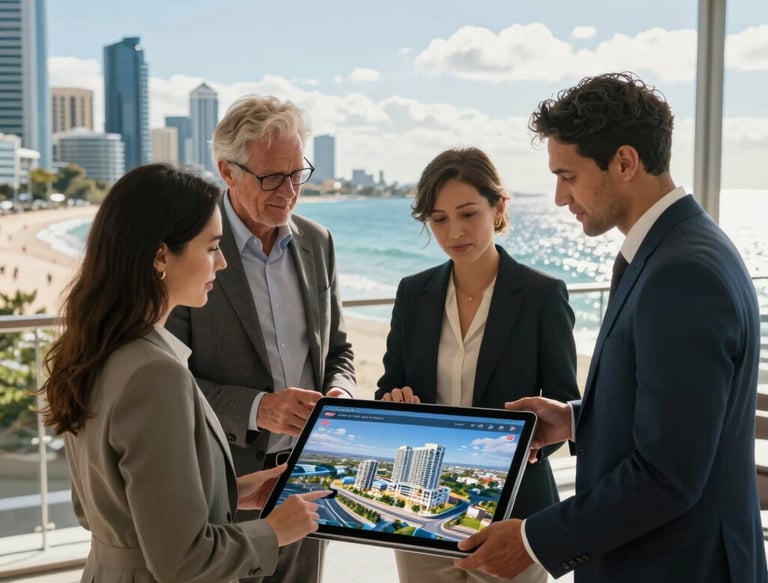 A group of professionals discussing a property development plan over blueprints.