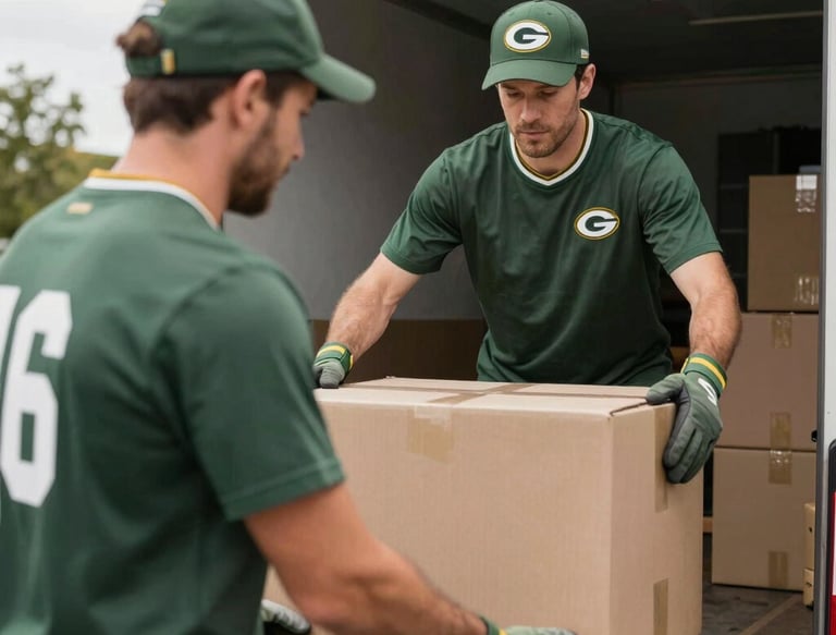 Two movers in Green Bay Packers gear unloading cardboard boxes from a delivery truck.