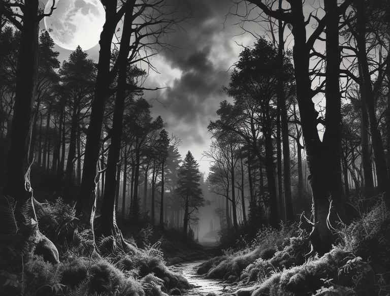 A cozy corner with witchy prints and apparel displayed under moody, dim lighting.