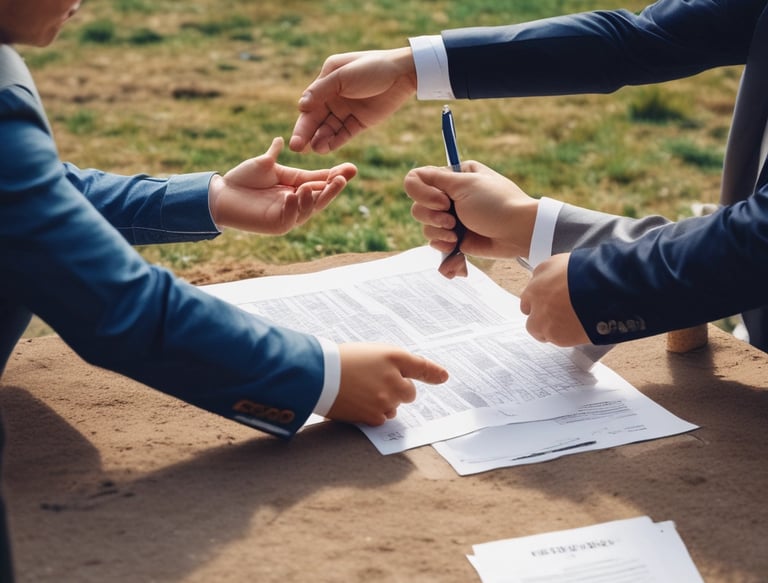 A friendly handshake between a landowner and a buyer in a sunny Chilean countryside.