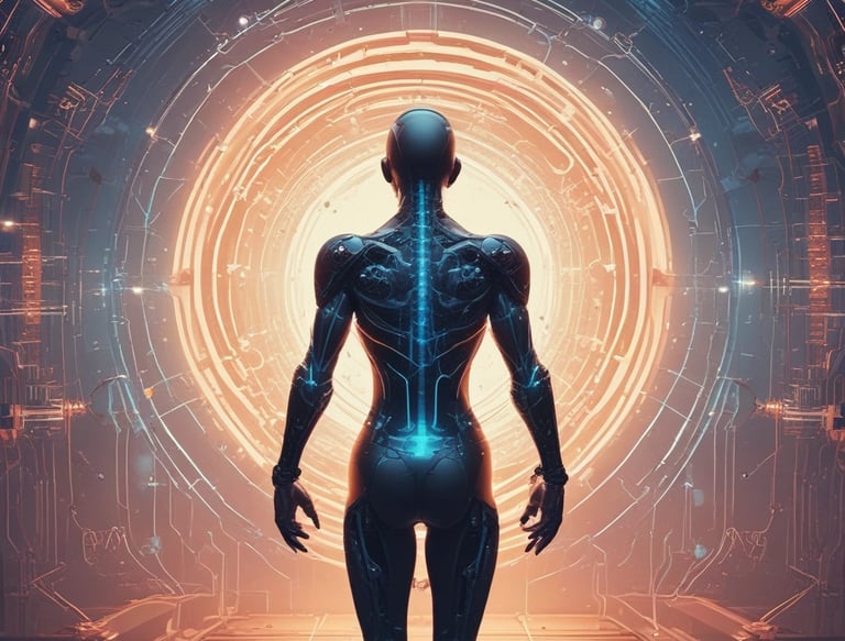 Futuristic digital interface with glowing blue circuits and data streams.