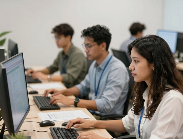 Team collaborating around a laptop showing Oracle HCM Cloud dashboards.