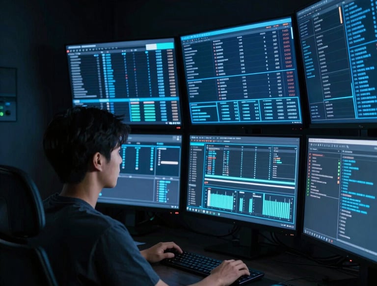 A sleek workspace with dual monitors displaying AI code and aerospace schematics side by side.
