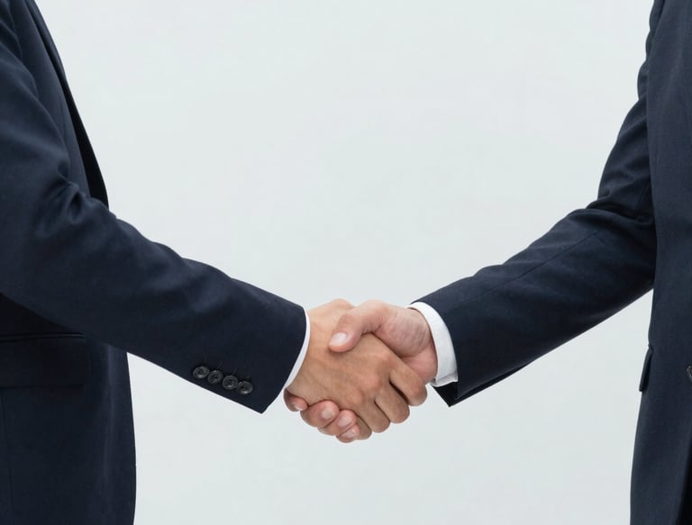 A warm handshake between two professionals in a modern office setting.
