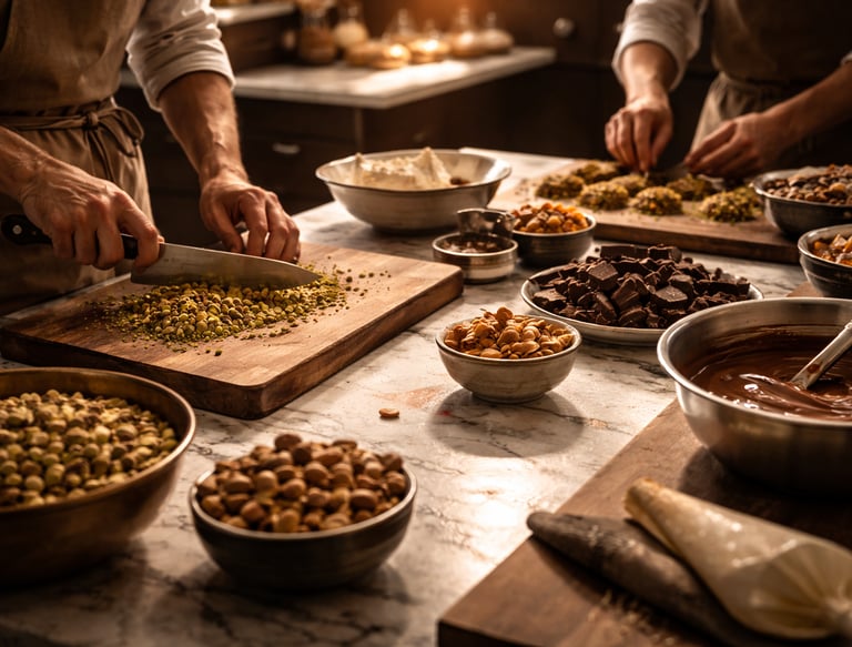 Professional pastry chefs chopping pistachios and preparing chocolate ganache for artisan desserts.