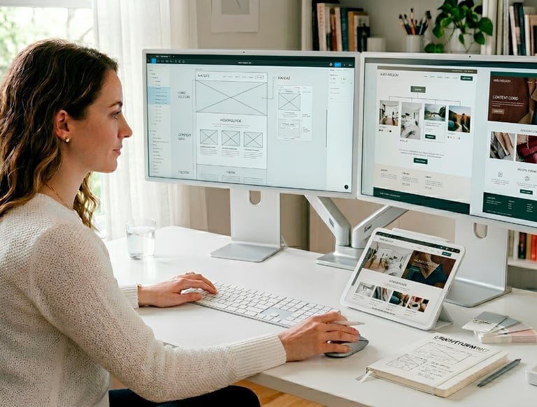 Escritorio creativo con wireframes y herramientas de diseño web estratégico