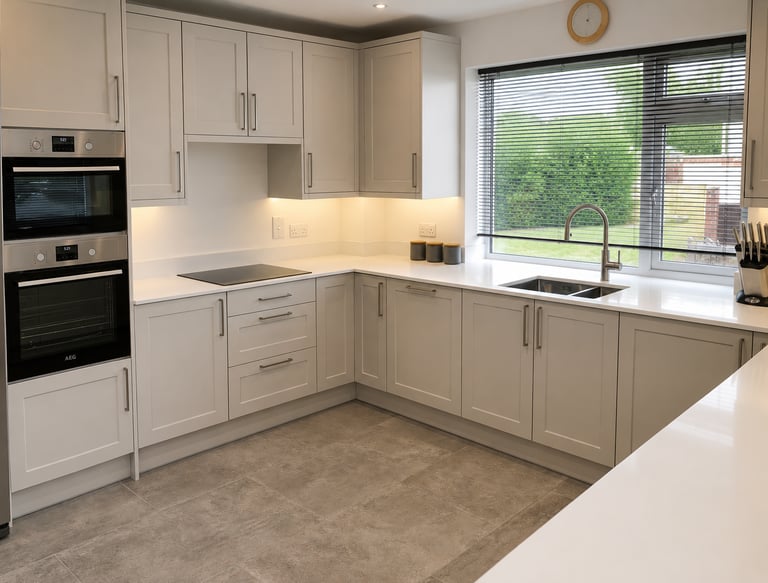 Light grey shaker kitchen cabinets with quartz worktops and integrated double oven fitted in Oxford.