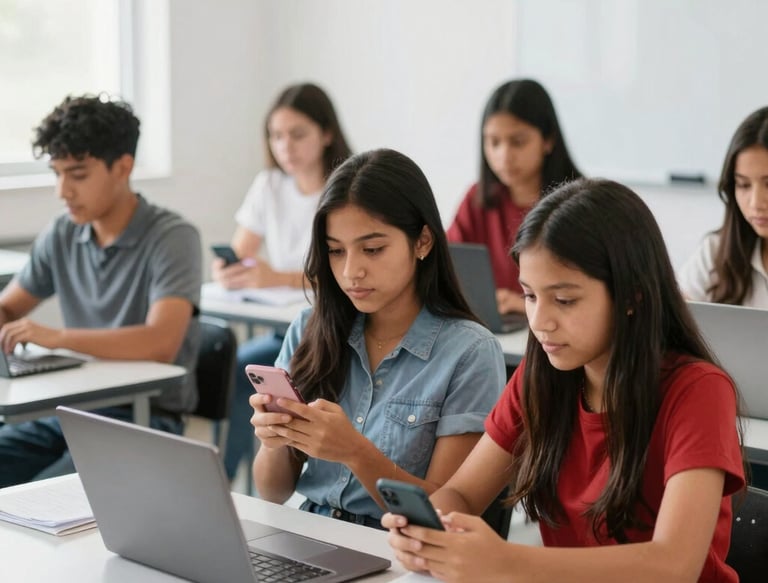 A diverse group of Mexican students using smartphones and laptops in a bright, modern classroom.