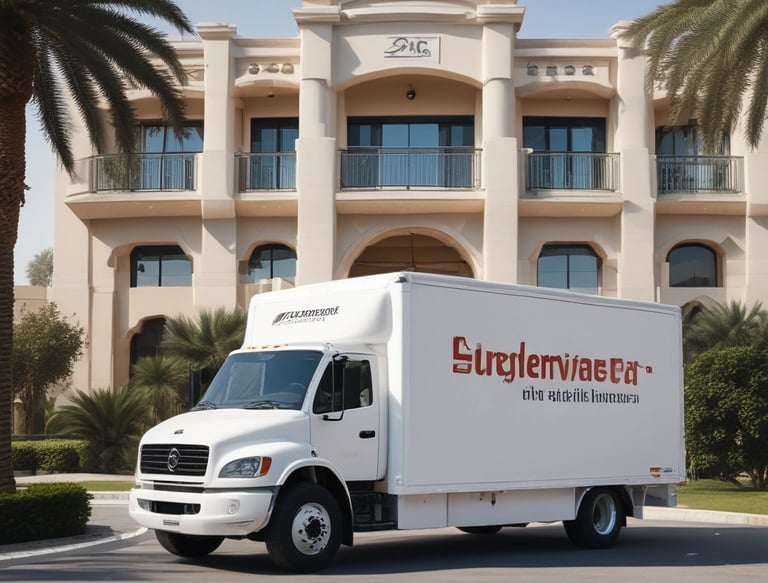 A clean, branded Budget Movers UAE truck parked outside a modern villa at sunset.