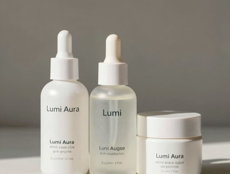 Softly lit flat lay of Lumi Aura skincare products on an ivory and champagne gold background.