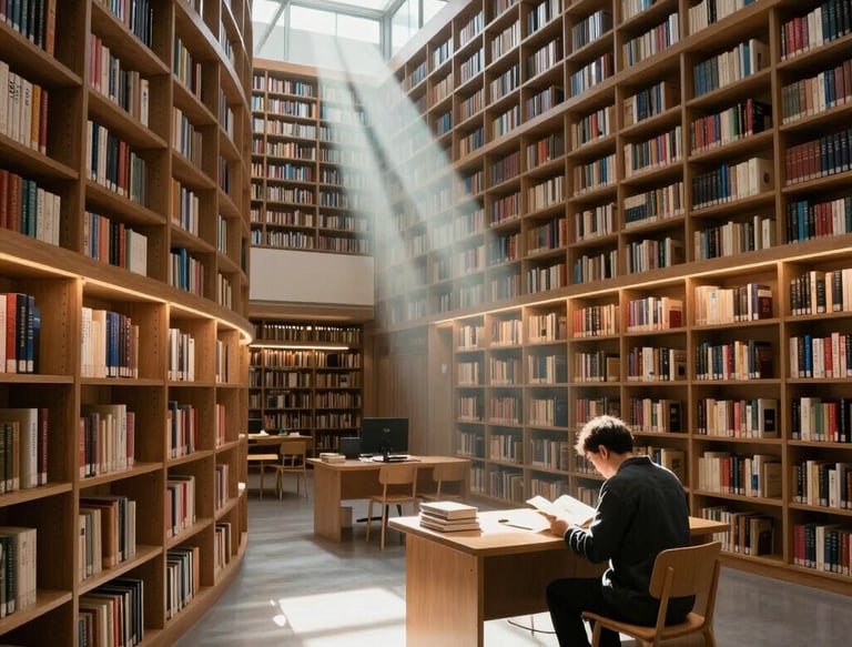 A Student studying in a large Library with a shaft of light illuminating him