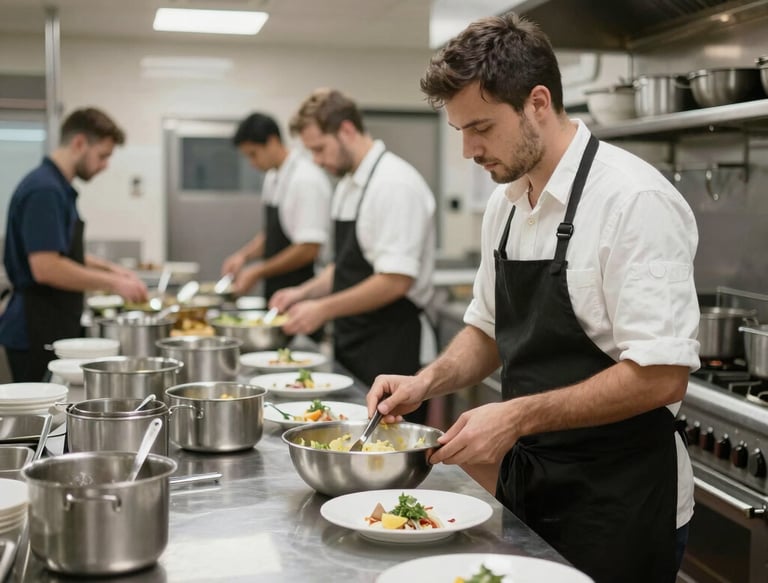 A diverse team collaborating around a table in a lively restaurant setting.