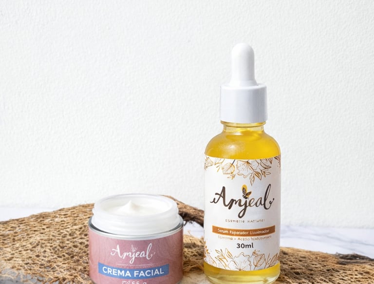 Crema facial con serum facial sobre un trozo de concreto y madera en un fondo blanco