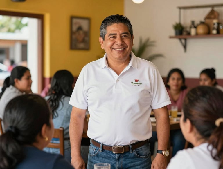 Creative team brainstorming ideas with colorful promotional product samples on the table.