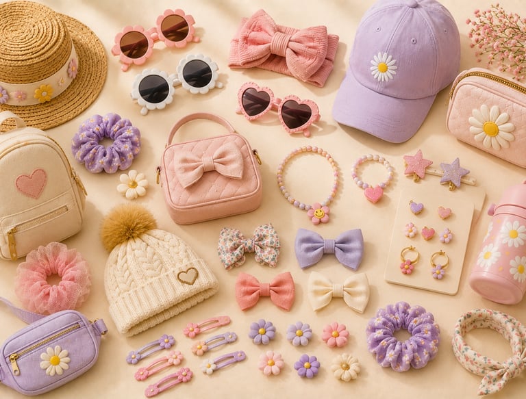 Collection of pastel pink and purple girls' accessories including daisy hats, bows, sunglasses, and jewelry.