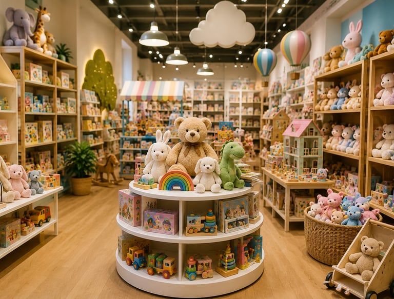 Whimsical children's toy store interior featuring wooden shelves filled with plush teddy bears and educational toys.