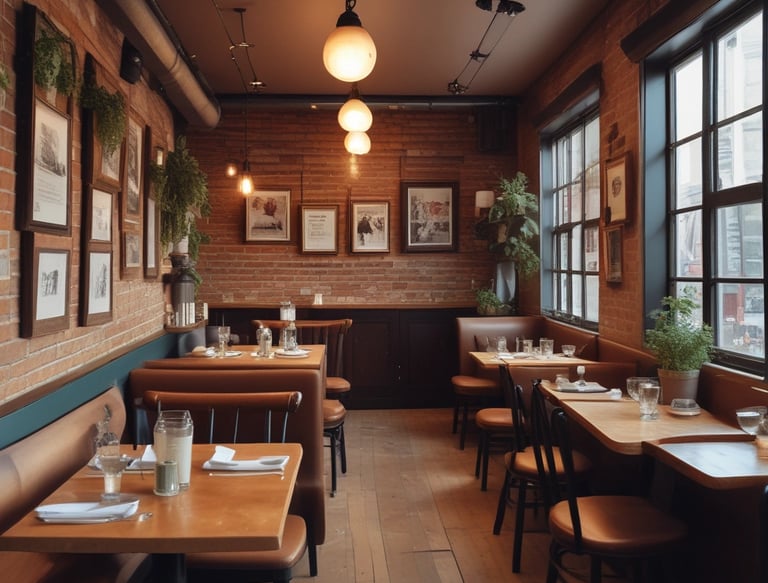 Cozy rustic dining room with wooden tables and warm lighting.