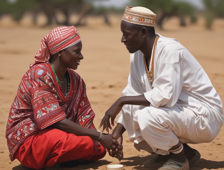 A group of local leaders and Sahelex team members engaged in a strategic discussion outdoors in the Sahel region.