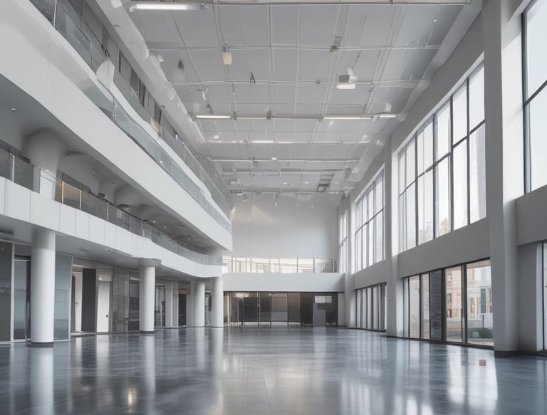 Professional cleaner wiping glass window of modern office building