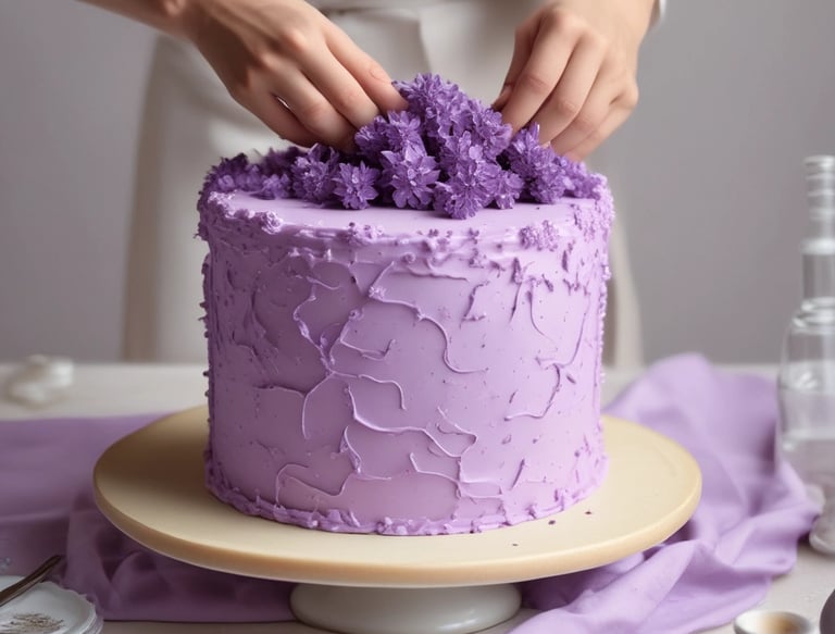 Pastelero decorando una torta de capas color lavanda con textura, adornada con flores moradas