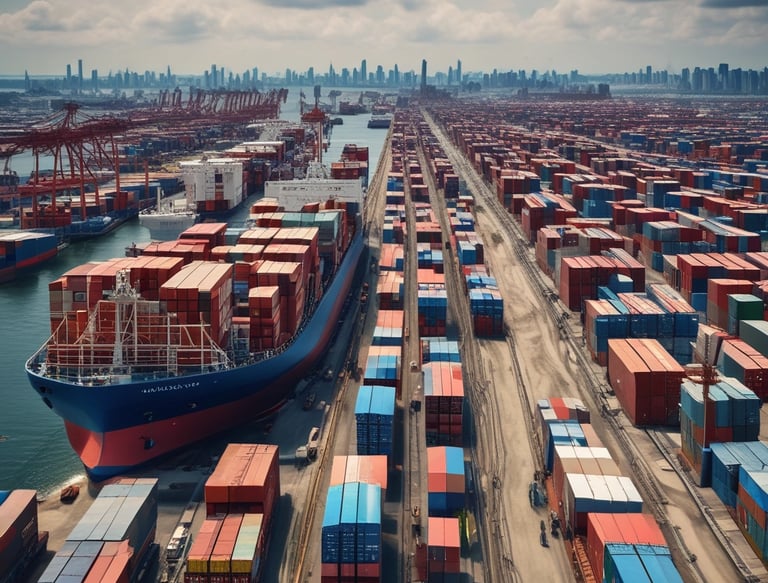 A sleek cargo ship docked at a port with containers being loaded under a clear blue sky.