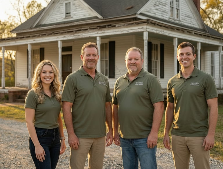 A picture of the Upstate Home Solutions team in front of a distressed home