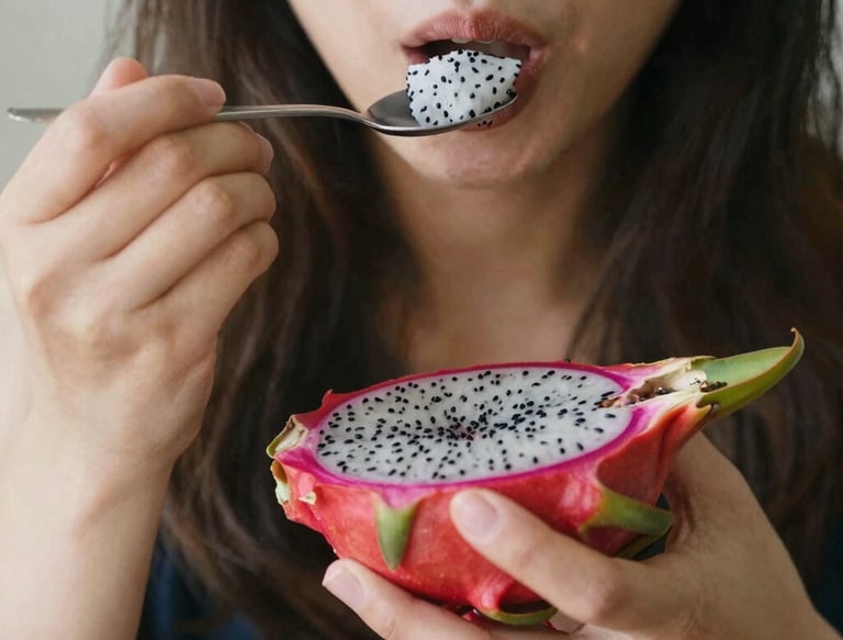 Happy customer enjoying a fresh pitahaya outdoor in a sunny garden setting