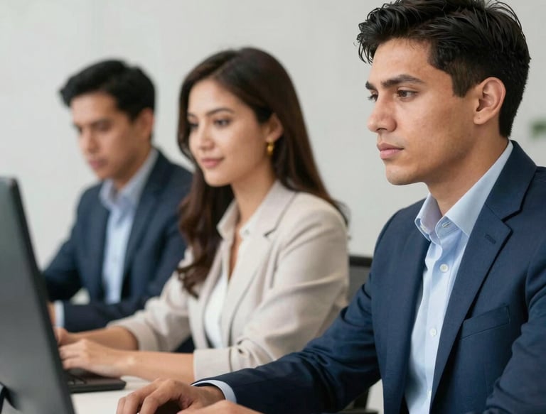 A team of developers collaborating around a laptop with code on the screen in a modern office.