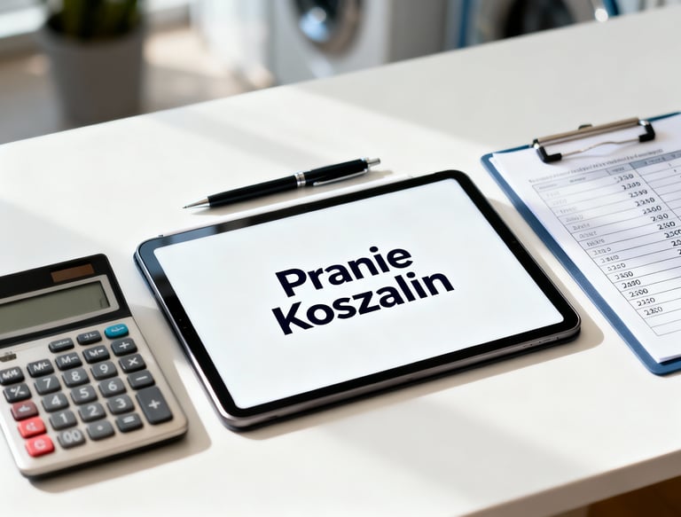 a tablet computer with a pen and a calculator text pranie koszalin