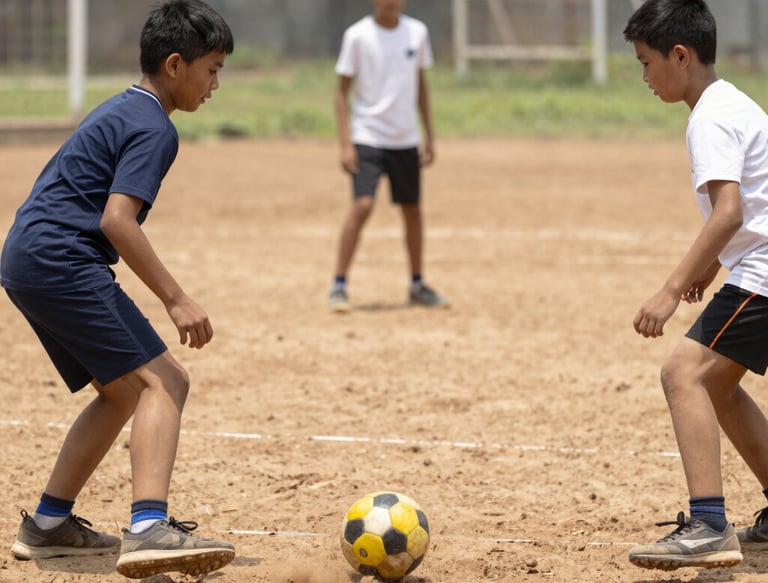 Children joyfully training football on a sunny field, showing teamwork and energy.
