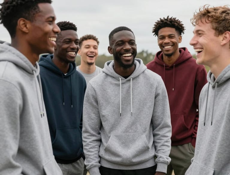 A group of friends laughing and wearing diverse crew & co hoodies and sweatshirts outdoors.