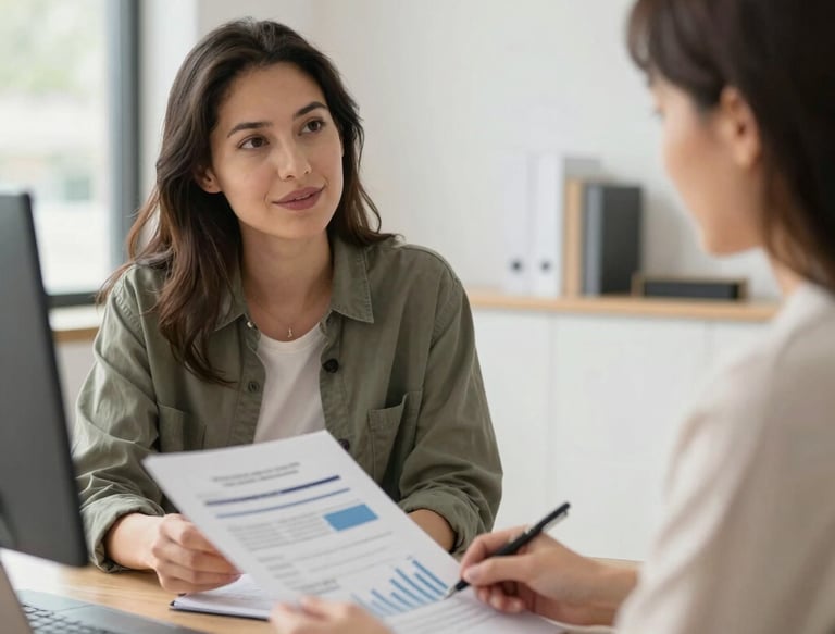 A confident woman reviewing financial documents with a supportive advisor in a cozy office.