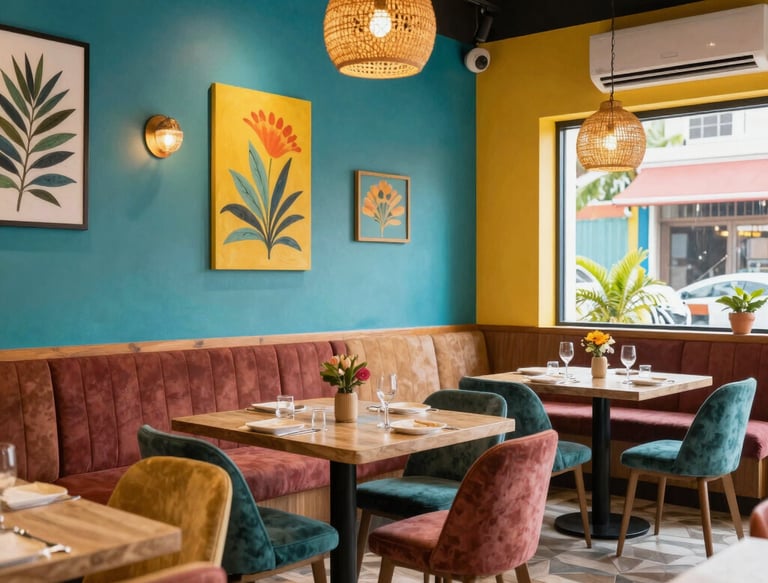 A lively brunch scene with colorful plates and smiling guests enjoying Latin-inspired dishes.