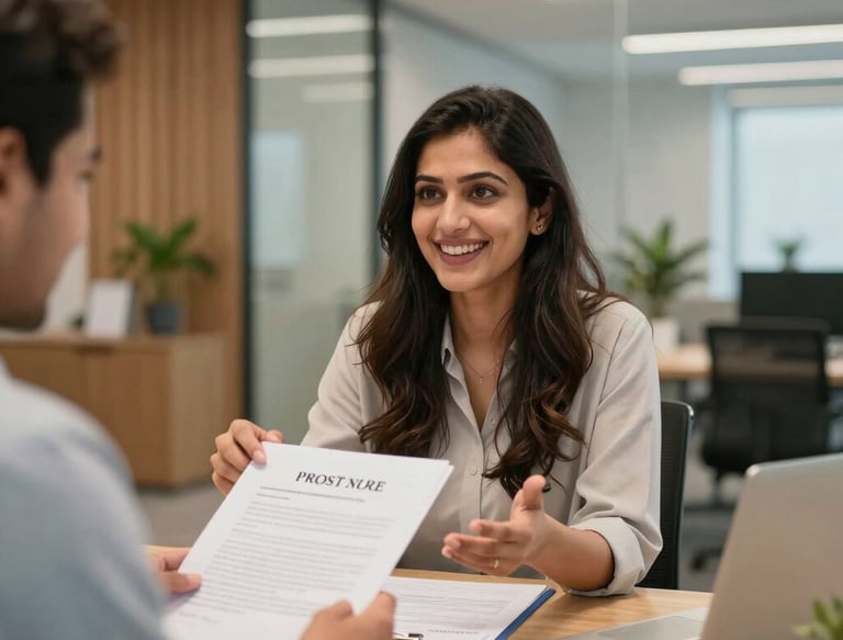 A professional real estate agent handing over keys to a happy client inside a bright, stylish office.