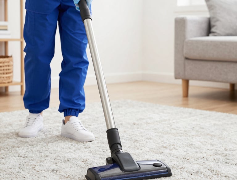 A friendly cleaner smiling while dusting a bright, cozy living room.