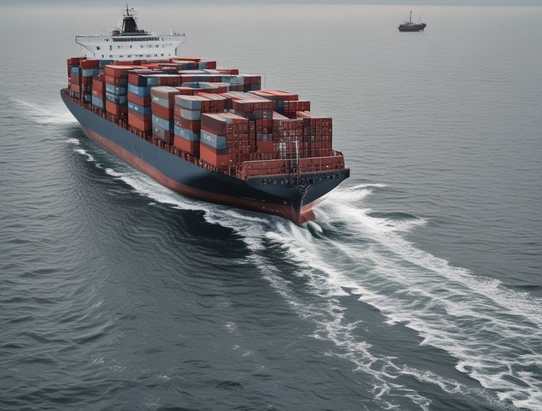 A modern cargo ship loaded with containers sailing under a clear blue sky.